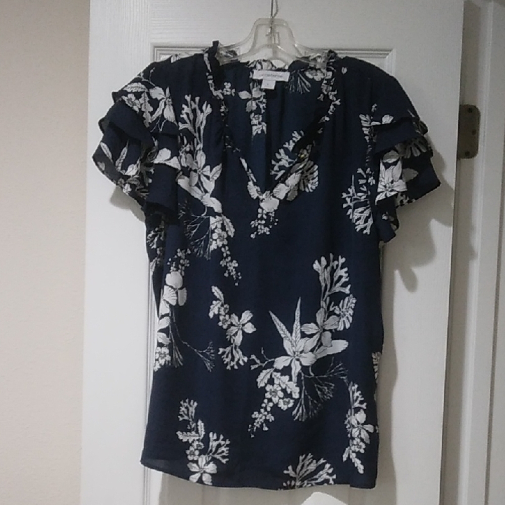 Liz Claiborne Blue Ruffled Flutter Sleeve Blouse